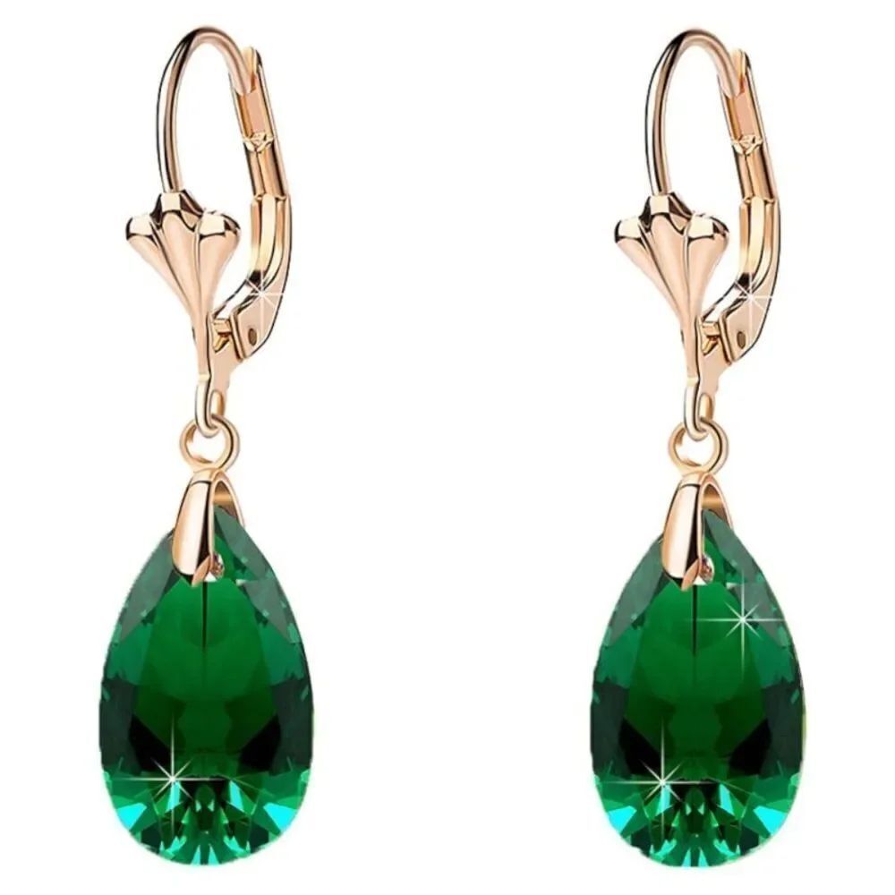 14K Yellow Gold with Emerald Green Austrian Crystal Teardrop Leverback Earrings